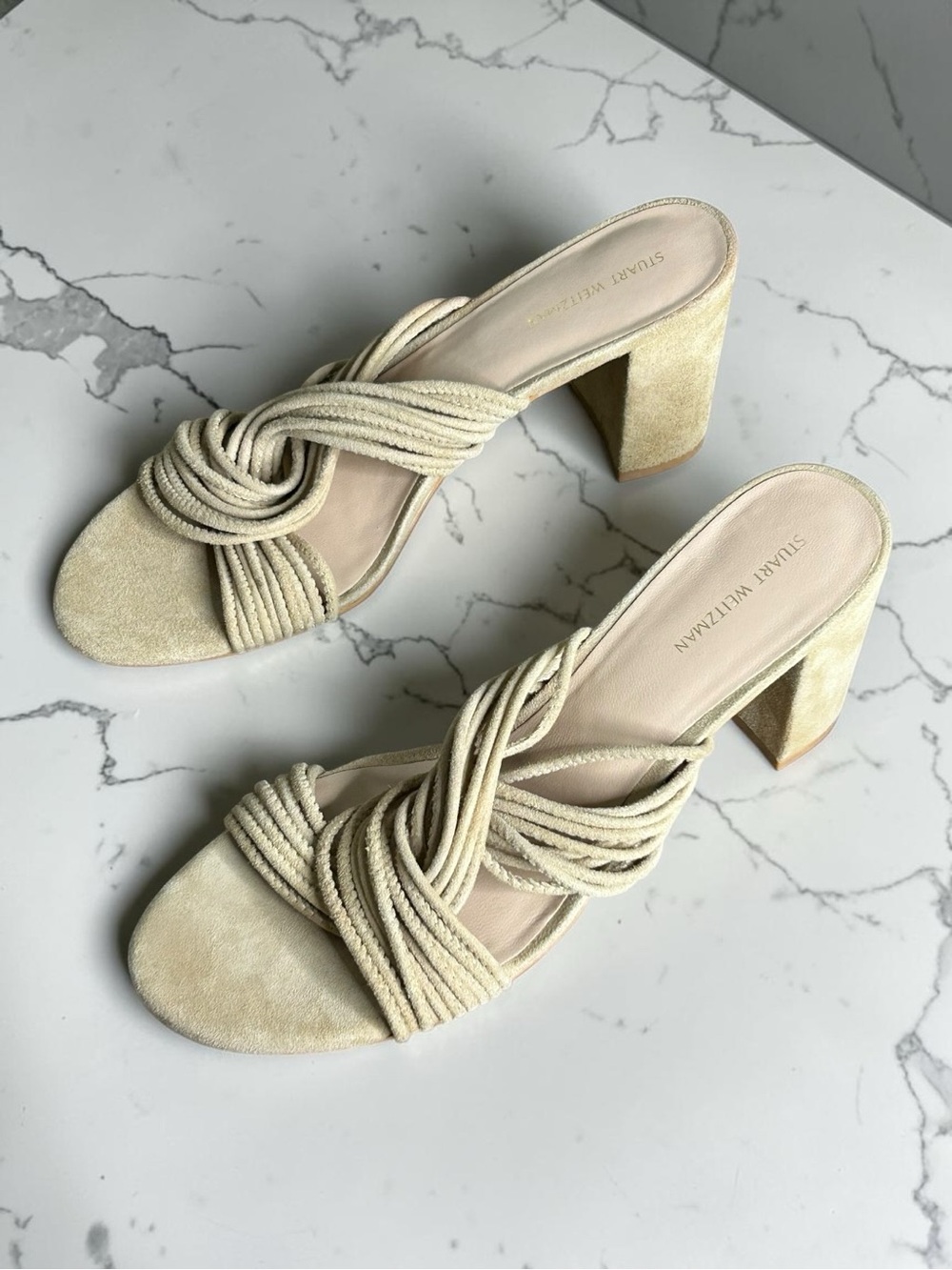 Stuart Weitzman Cream Knotted Suede Slide Mules Twist Block 75